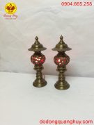 Đôi đèn thờ rồng phượng bằng đồng màu hun xanh giả cổ