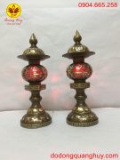 Đôi đèn thờ bằng đồng đỏ khảm tam khí