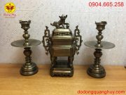 Bộ tam sự đỉnh vuông bằng đồng màu hun xanh cao 55cm