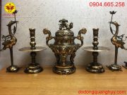 Bộ ngũ sự đồng đỏ cao 60cm hoa văn rồng nổi