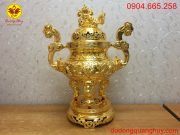 Đỉnh đồng nguyên chất mạ vàng 24k hoa văn song long chầu nguyệt