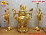 Bộ tam sự ( đỉnh, Hạc ) bằng đồng mạ vàng 24k sang trọng và cao cấp